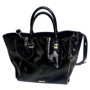 Rebecca Minkoff Black Textured Tote Bag Zipper Accents Patent Leather